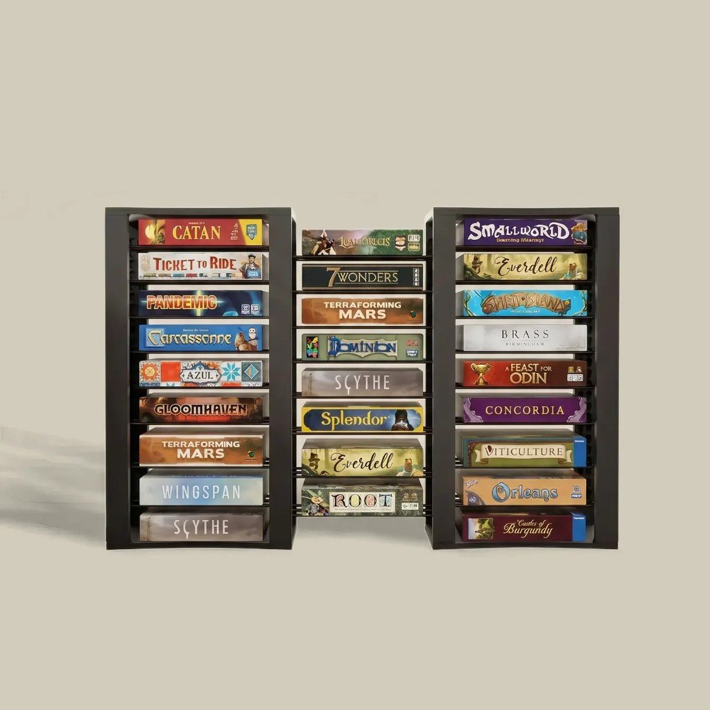 BoardForge 24-Shelf Game Box Rack filled with board games