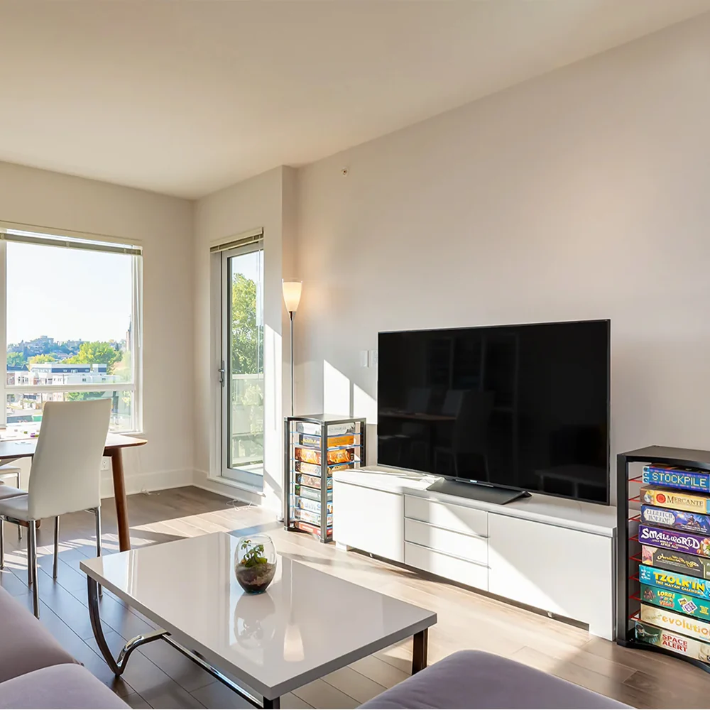 BoardForge racks beside a TV console in a living room